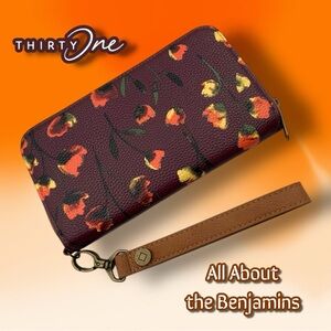 Thirty-One Dark Delicate Floral All about the Benjamins Wallet with Wrist Strap